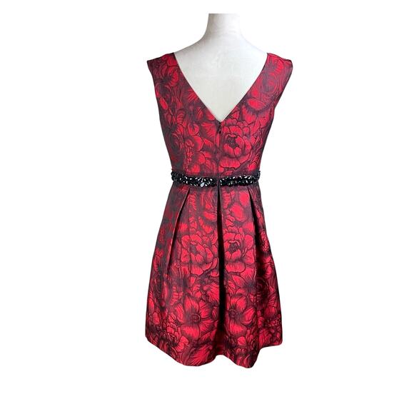 Eliza J Black Embellished Waist Red Floral Brocade Fit & Flare Cocktail Dress - Picture 5 of 12